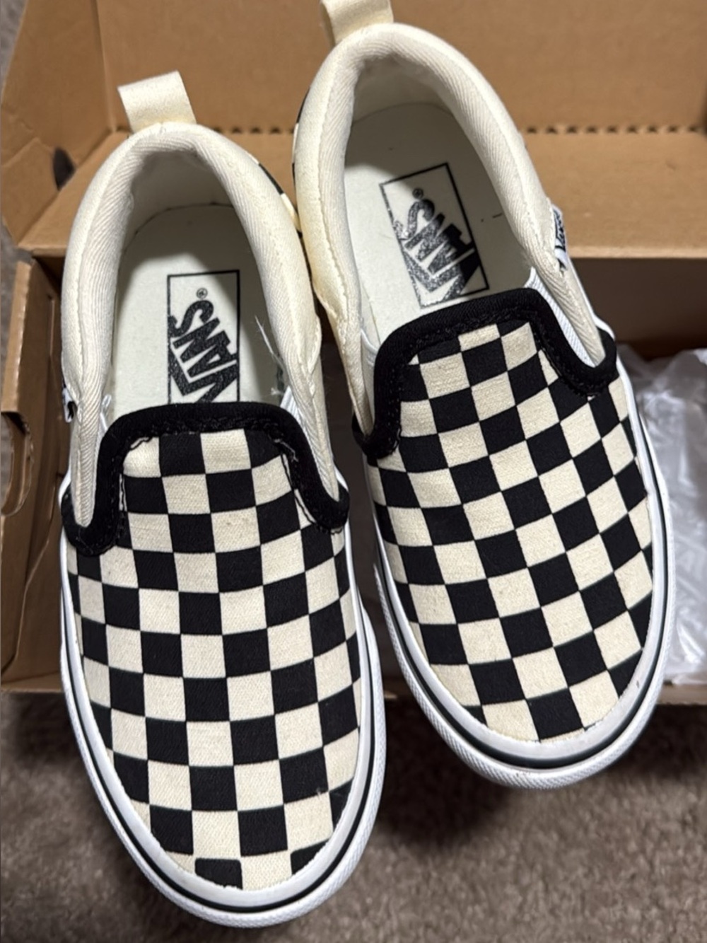 Vans Kids Checkerboard Slip-On Sneakers — Black & Cream, Size 11